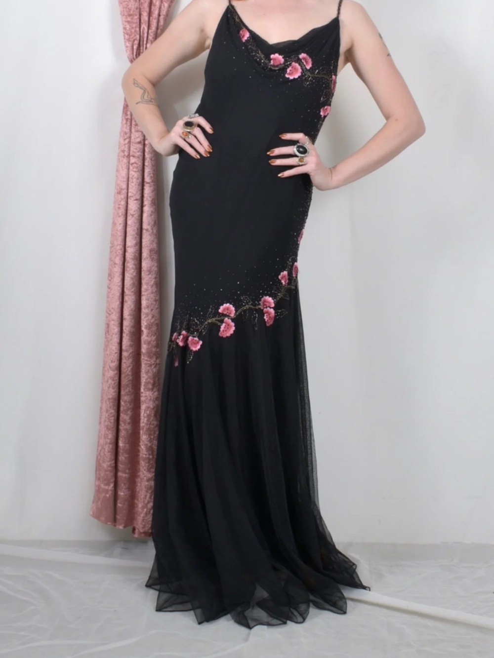 XSCAPE Black Silk Beaded Maxi  Dress Women's 14 Vtg Y2K Whimsigoth Fairygrunge